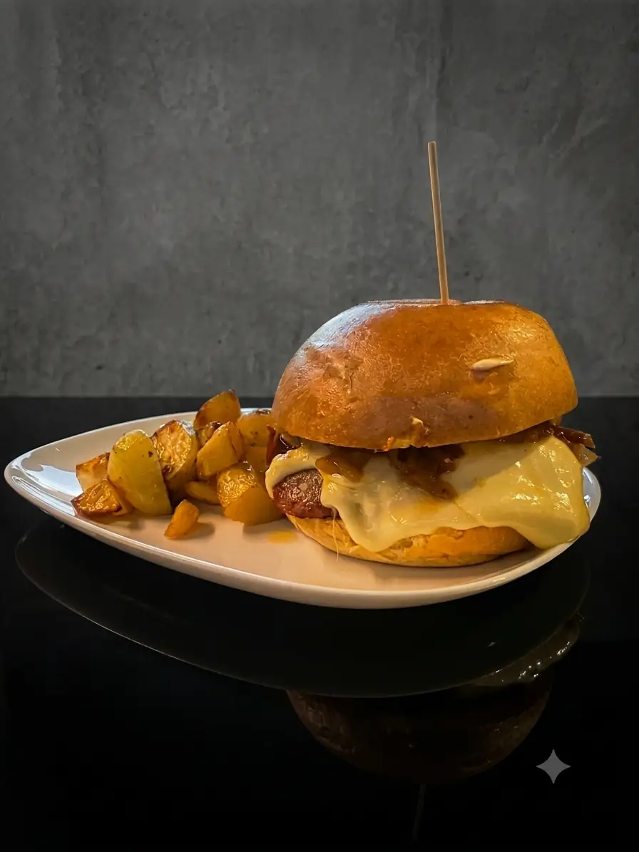 Panino gourmet con carne alla brace, formaggio fuso e patate al forno