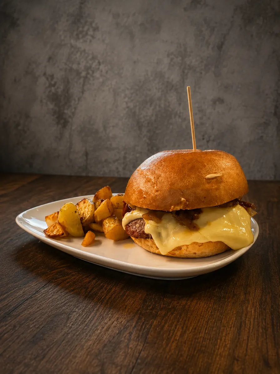 Panino gourmet con carne alla brace, formaggio fuso e patate al forno